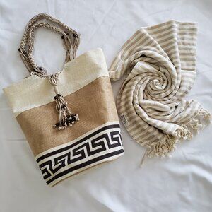 Rustic Town Large Burlap Macrame Beach Tote Bag Large & Riviera Beach Towel Set